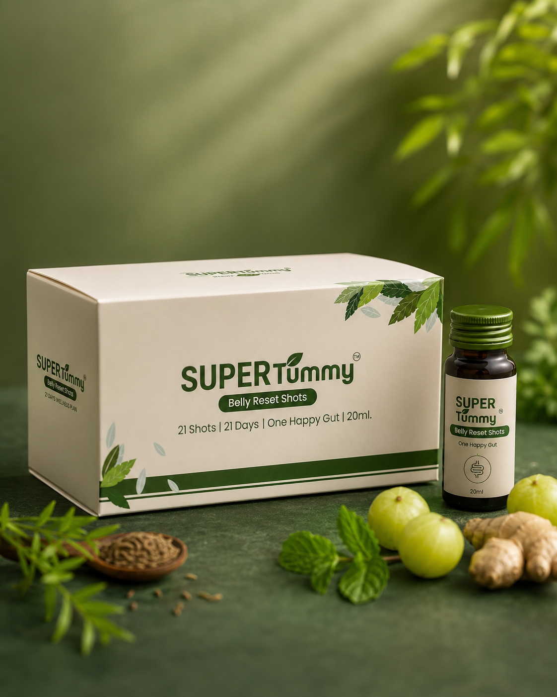 SuperTummy product packaging with bottle and box on a green background