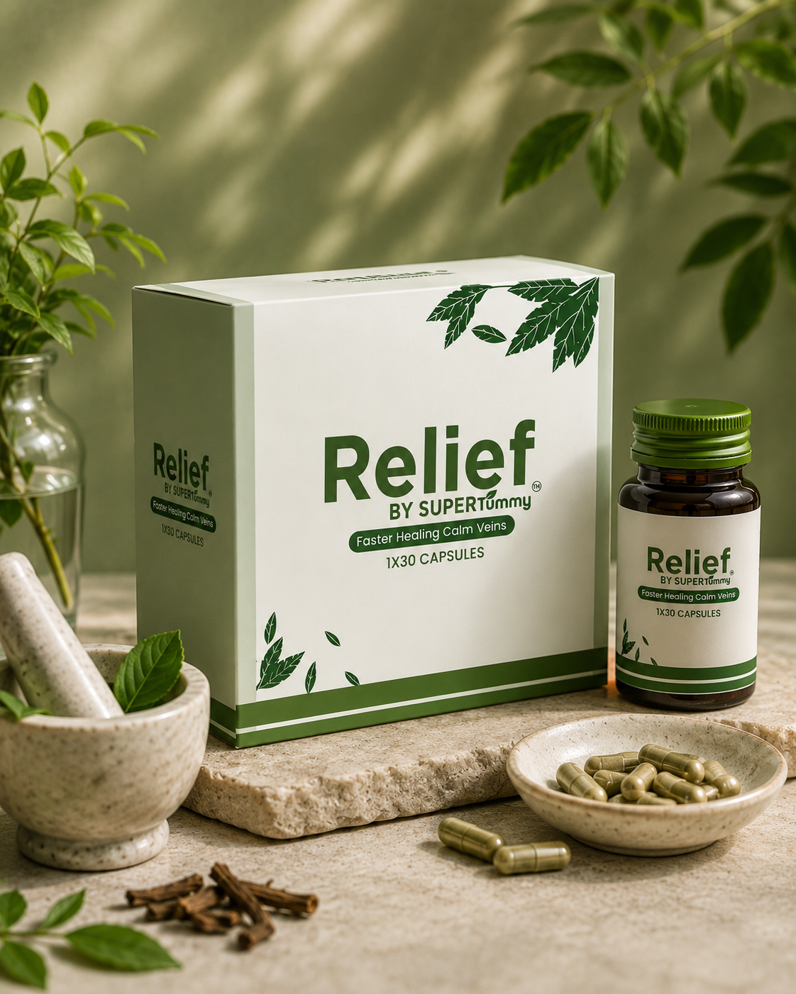 Supplement packaging with 'Relief by Supertummy' branding on a natural setting with herbs and a mortar and pestle.